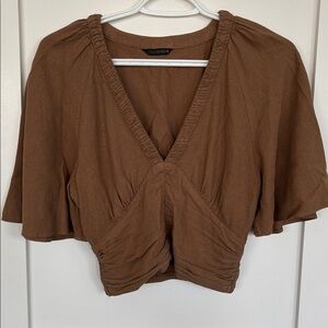 Zara Brown Ruched V-Neck Blouse